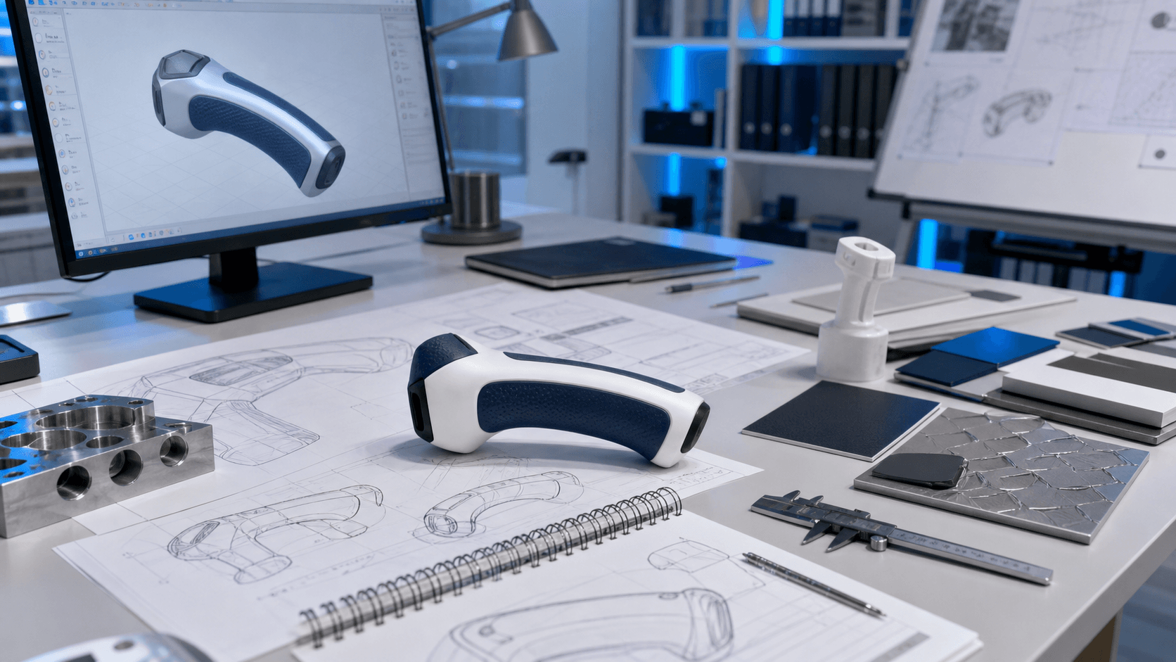 Industrial product design studio with CAD, prototypes, and engineering tools